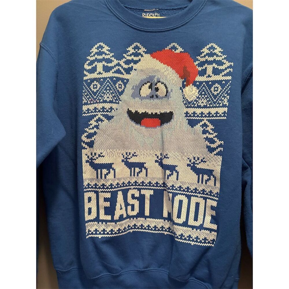 Rudolph Men's Blue "Beast Mode" Graphic Holiday Sweatshirt Size M - Picture 2 of 7